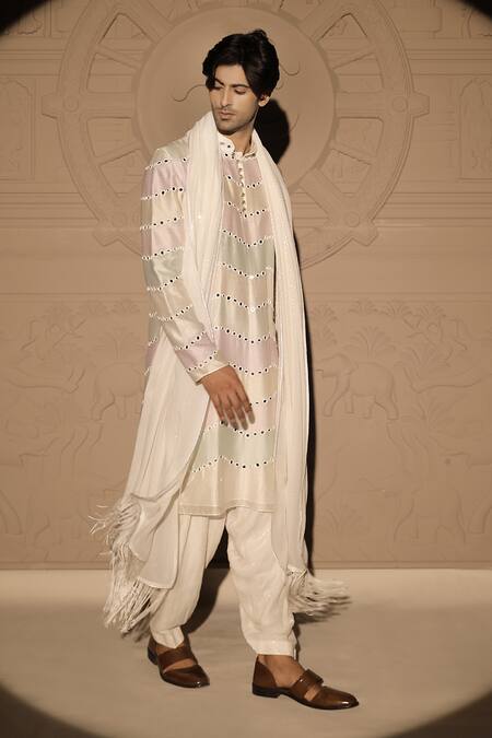 Jubinav Chadha_Multi Color Chanderi, Georgette Mirrors Work Kurta Set With Stole _Online_at_Aza_Fashions