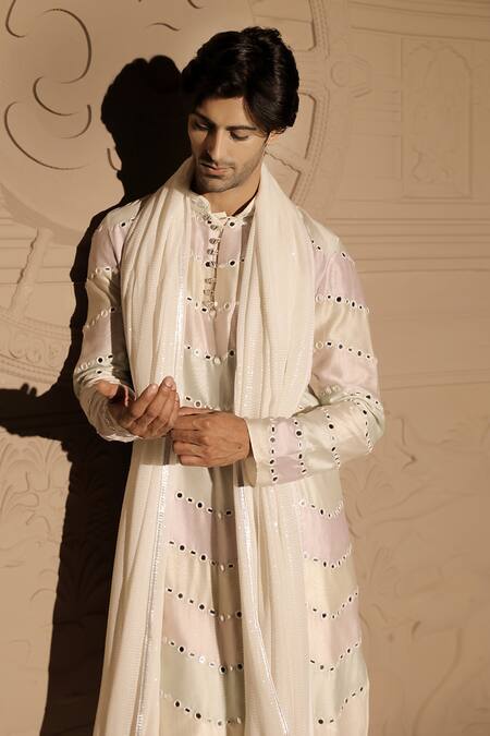 Buy_Jubinav Chadha_Multi Color Chanderi, Georgette Mirrors Work Kurta Set With Stole _Online_at_Aza_Fashions