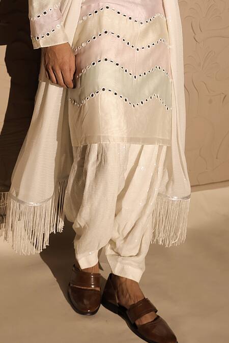 Shop_Jubinav Chadha_Multi Color Chanderi, Georgette Mirrors Work Kurta Set With Stole _Online_at_Aza_Fashions