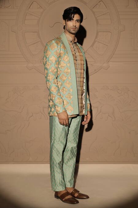 Jubinav Chadha_Green Chanderi Beads, Metallic Thread Mughal Applique Work Jacket And Kurta Set _Online_at_Aza_Fashions