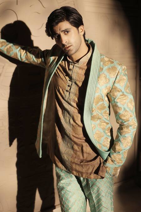 Buy_Jubinav Chadha_Green Chanderi Beads, Metallic Thread Mughal Applique Work Jacket And Kurta Set _Online_at_Aza_Fashions