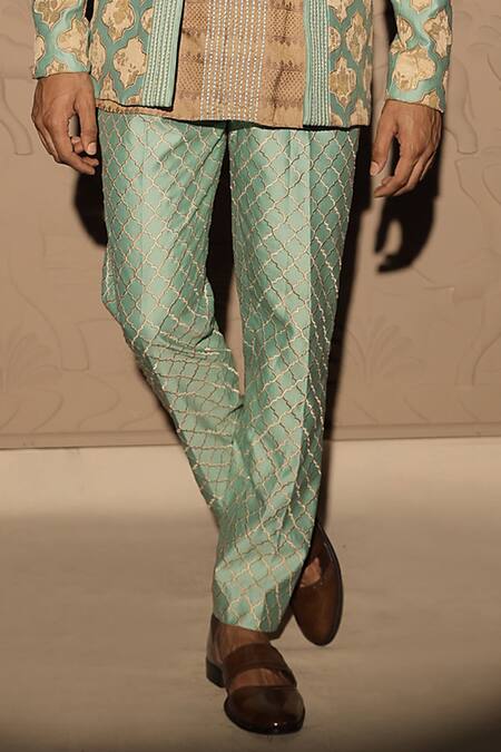 Shop_Jubinav Chadha_Green Chanderi Beads, Metallic Thread Mughal Applique Work Jacket And Kurta Set _Online_at_Aza_Fashions