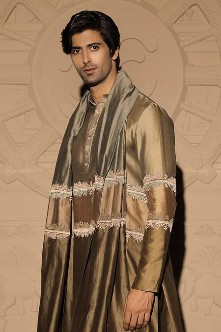 Buy Jubinav Chadha Green Chanderi Embroidery Colorblock Kurta Set With Stole Online at Aza Fashions Buy_Jubinav Chadha_Green Chanderi Embroidery Colorblock Kurta Set With Stole _Online_at_Aza_Fashions