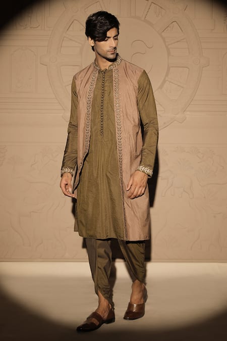 Jubinav Chadha_Green Cotton, Silk Embroidery Layered Kurta Set _Online_at_Aza_Fashions