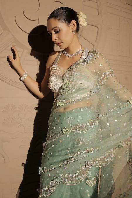 Jubinav Chadha_Green Silk Organza Sequins, Fringe, Floral Embroidered Saree With Bralette _Online_at_Aza_Fashions