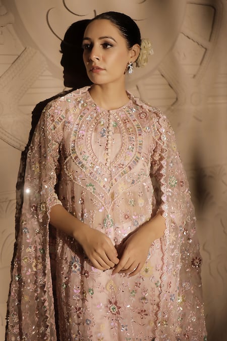 Buy_Jubinav Chadha_Pink Organza, Chanderi Pearls, Sequins Round Neck And Embroidered Kurta Pant Set _Online_at_Aza_Fashions