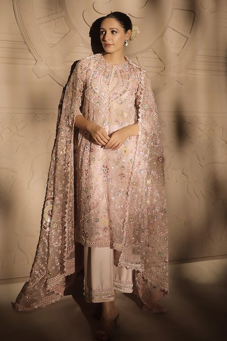 Jubinav Chadha_Pink Organza, Chanderi Pearls, Sequins Round Neck And Embroidered Kurta Pant Set _at_Aza_Fashions