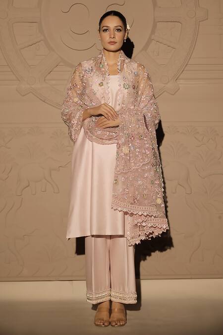Jubinav Chadha_Pink Chanderi, Organza Pearls, Sequins Round Kurta Set With Embroidered Dupatta _Online_at_Aza_Fashions