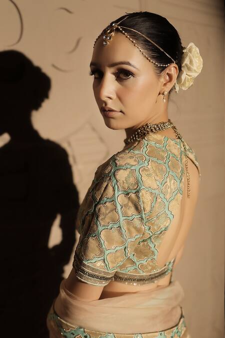 Shop_Jubinav Chadha_Green Net, Chanderi, Brocade Embroidery, Sequins, Beads Royal Lehenga Set _Online_at_Aza_Fashions