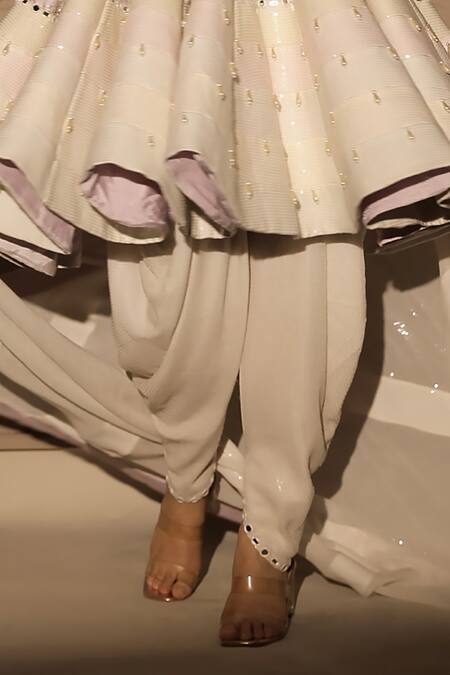 Jubinav Chadha_Ivory Chanderi, Georgette Pearls, And Embroidered Anarkali Dhoti Pant Set _Online_at_Aza_Fashions