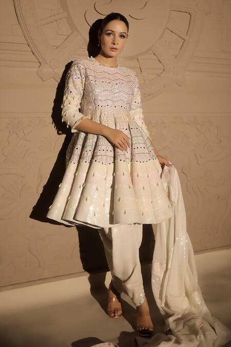 Buy_Jubinav Chadha_Ivory Chanderi, Georgette Pearls, And Embroidered Anarkali Dhoti Pant Set 