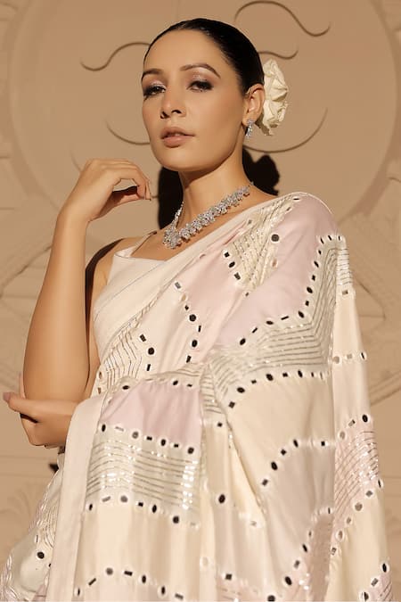 Buy_Jubinav Chadha_White Chanderi, Georgette Sequins, Pre-draped Chevron Work Saree With Blouse _Online_at_Aza_Fashions