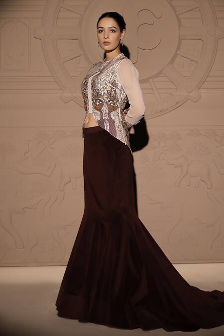 Jubinav Chadha_Maroon Georgette, Silk, Velvet Ambrosia Embroidered Asymmetric Top With Skirt _Online_at_Aza_Fashions