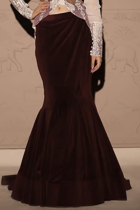 Shop_Jubinav Chadha_Maroon Georgette, Silk, Velvet Ambrosia Embroidered Asymmetric Top With Skirt _Online_at_Aza_Fashions