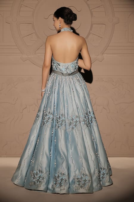 Shop Jubinav Chadha Blue Chanderi Pearls, Embroidery Halter Neck Misty Iris Fleur Gown at Aza Fashions Shop_Jubinav Chadha_Blue Chanderi Pearls, Embroidery Halter Neck Misty Iris Fleur Gown _at_Aza_Fashions