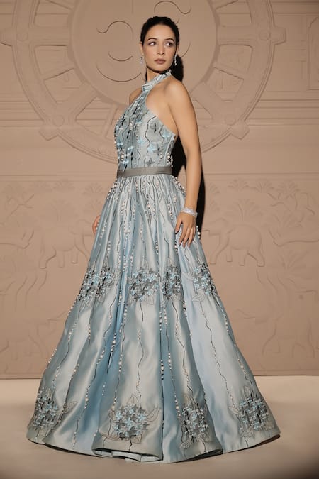 Jubinav Chadha Blue Chanderi Pearls, Embroidery Halter Neck Misty Iris Fleur Gown Online at Aza Fashions Jubinav Chadha_Blue Chanderi Pearls, Embroidery Halter Neck Misty Iris Fleur Gown _Online_at_Aza_Fashions