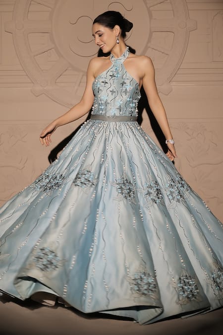 Buy Jubinav Chadha Blue Chanderi Pearls, Embroidery Halter Neck Misty Iris Fleur Gown Online at Aza Fashions Buy_Jubinav Chadha_Blue Chanderi Pearls, Embroidery Halter Neck Misty Iris Fleur Gown _Online_at_Aza_Fashions