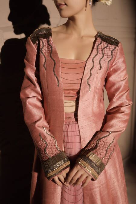 Jubinav Chadha_Pink Satin, Silk, Net Sequins, Metallic Seahorse Embellished Jacket Skirt Set _Online_at_Aza_Fashions
