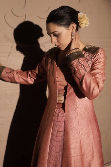 Buy_Jubinav Chadha_Pink Satin, Silk, Net Sequins, Metallic Seahorse Embellished Jacket Skirt Set _Online_at_Aza_Fashions