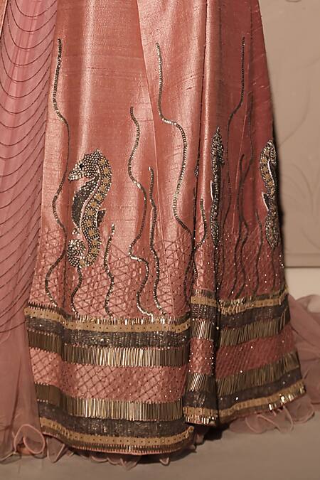 Shop_Jubinav Chadha_Pink Satin, Silk, Net Sequins, Metallic Seahorse Embellished Jacket Skirt Set _Online_at_Aza_Fashions