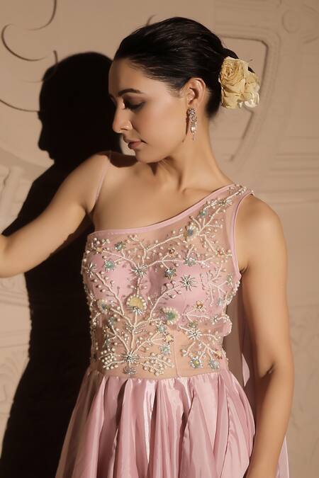 Jubinav Chadha_Pink Net, Organza Pearls, Beads One Shoulder Misty Lily Embellished Gown _Online_at_Aza_Fashions