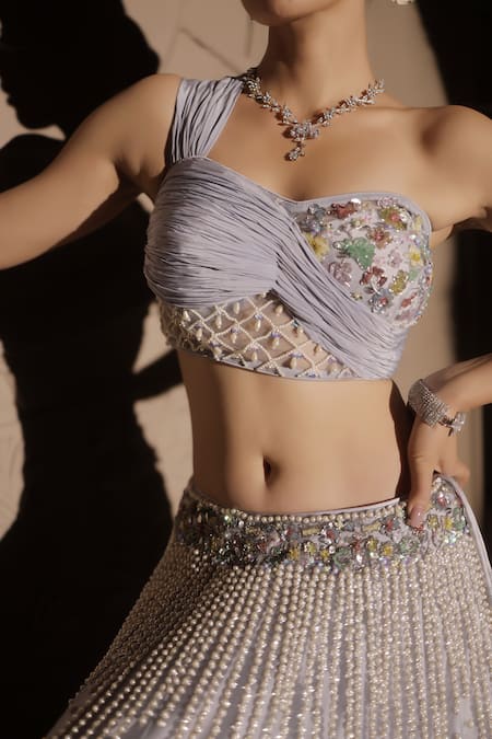 Jubinav Chadha_Purple Net, Satin Periwinkle Fleur Embellished Lehenga With Draped Bustier _Online_at_Aza_Fashions