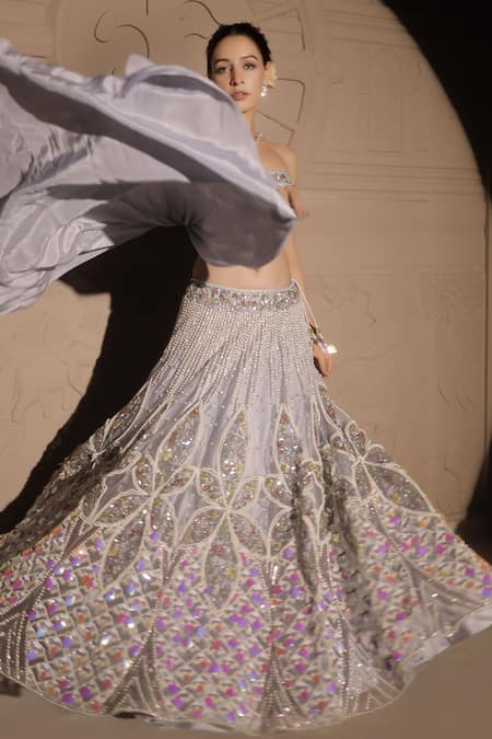 Shop_Jubinav Chadha_Purple Net, Satin Periwinkle Fleur Embellished Lehenga With Draped Bustier _Online_at_Aza_Fashions