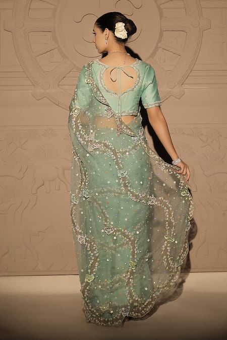Shop Jubinav Chadha Green Chanderi, Silk Organza Florin Swerve Embellished Saree With Blouse at Aza Fashions Shop_Jubinav Chadha_Green Chanderi, Silk Organza Florin Swerve Embellished Saree With Blouse _at_Aza_Fashions