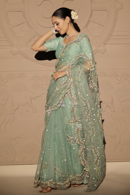 Jubinav Chadha Green Chanderi, Silk Organza Florin Swerve Embellished Saree With Blouse Online at Aza Fashions Jubinav Chadha_Green Chanderi, Silk Organza Florin Swerve Embellished Saree With Blouse _Online_at_Aza_Fashions
