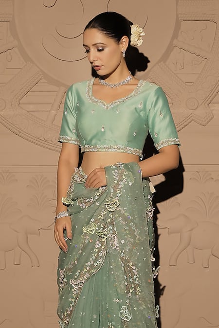 Buy Jubinav Chadha Green Chanderi, Silk Organza Florin Swerve Embellished Saree With Blouse Online at Aza Fashions Buy_Jubinav Chadha_Green Chanderi, Silk Organza Florin Swerve Embellished Saree With Blouse _Online_at_Aza_Fashions