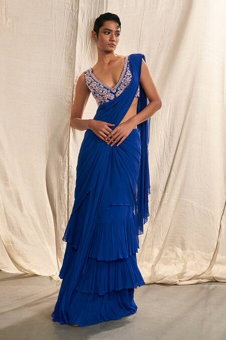 Kashmiraa Blue Chiffon Sequins, Cut Work V-neck Embroidered Blouse And Pre-draped Saree Set Online at Aza Fashions Kashmiraa_Blue Chiffon Sequins, Cut Work V-neck Embroidered Blouse And Pre-draped Saree Set _Online_at_Aza_Fashions