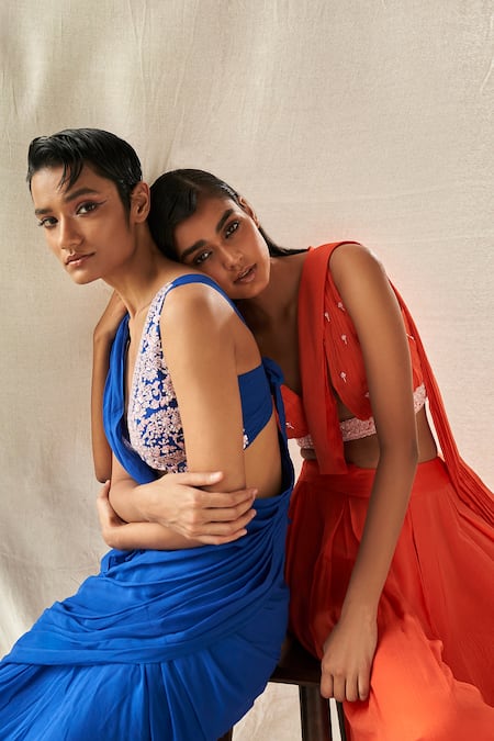 Kashmiraa Blue Chiffon Sequins, Cut Work V-neck Embroidered Blouse And Pre-draped Saree Set at Aza Fashions Kashmiraa_Blue Chiffon Sequins, Cut Work V-neck Embroidered Blouse And Pre-draped Saree Set _at_Aza_Fashions