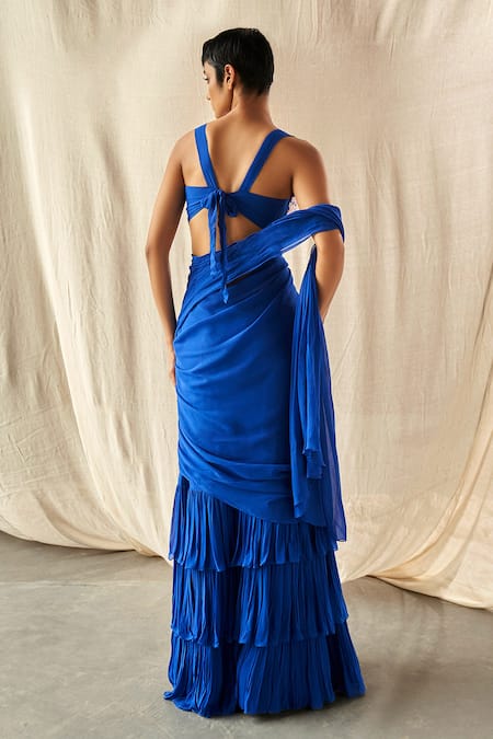 Shop Kashmiraa Blue Chiffon Sequins, Cut Work V-neck Embroidered Blouse And Pre-draped Saree Set at Aza Fashions Shop_Kashmiraa_Blue Chiffon Sequins, Cut Work V-neck Embroidered Blouse And Pre-draped Saree Set _at_Aza_Fashions