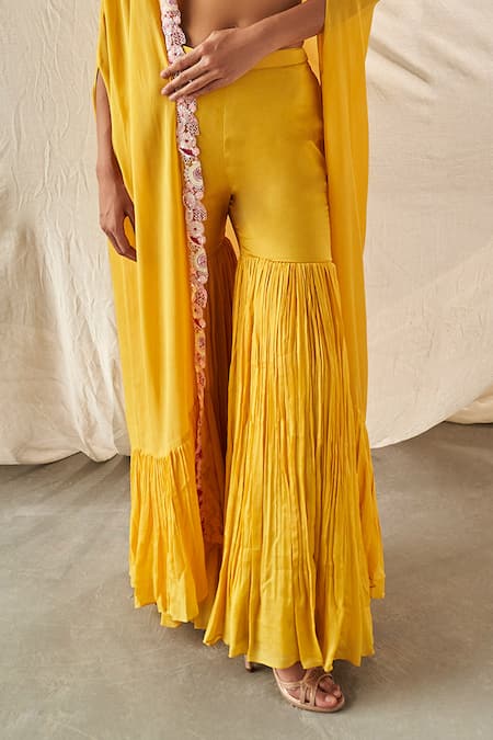 Kashmiraa_Yellow Chiffon Tassels, Sequins Sweetheart Cut Dana Embroidered Cape Sharara Set _Online_at_Aza_Fashions