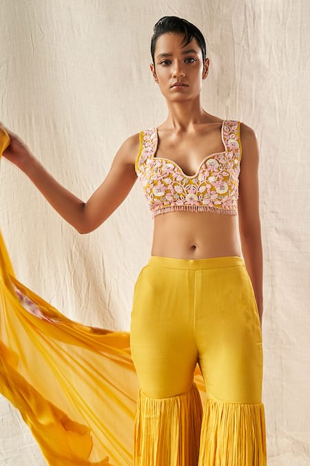 Buy_Kashmiraa_Yellow Chiffon Tassels, Sequins Sweetheart Cut Dana Embroidered Cape Sharara Set _Online_at_Aza_Fashions