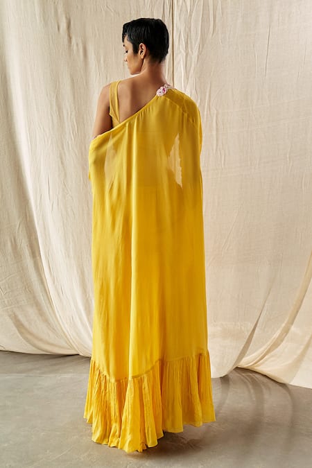 Shop_Kashmiraa_Yellow Chiffon Tassels, Sequins Sweetheart Cut Dana Embroidered Cape Sharara Set _at_Aza_Fashions