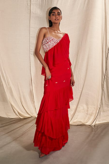 Shop Kashmiraa Red Chiffon Embroidery, Sequins, Cut Work Pre-draped Saree With Blouse Online at Aza Fashions Shop_Kashmiraa_Red Chiffon Embroidery, Sequins, Cut Work Pre-draped Saree With Blouse _Online_at_Aza_Fashions