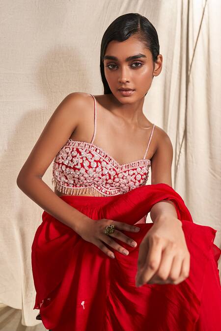Kashmiraa Red Chiffon Embroidery, Sequins, Cut Work Pre-draped Saree With Blouse at Aza Fashions Kashmiraa_Red Chiffon Embroidery, Sequins, Cut Work Pre-draped Saree With Blouse _at_Aza_Fashions