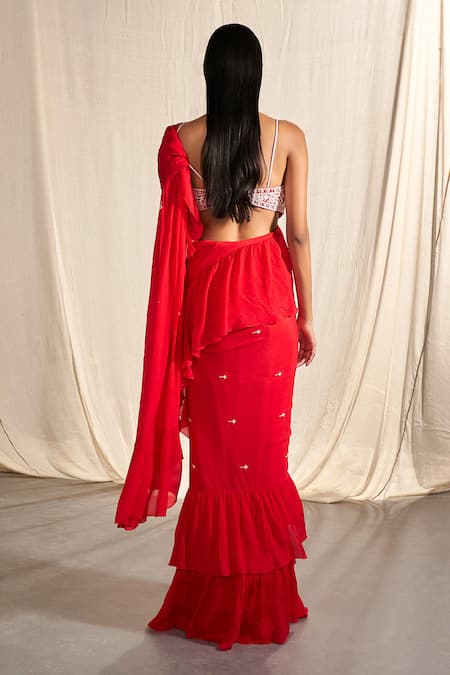Shop Kashmiraa Red Chiffon Embroidery, Sequins, Cut Work Pre-draped Saree With Blouse at Aza Fashions Shop_Kashmiraa_Red Chiffon Embroidery, Sequins, Cut Work Pre-draped Saree With Blouse _at_Aza_Fashions