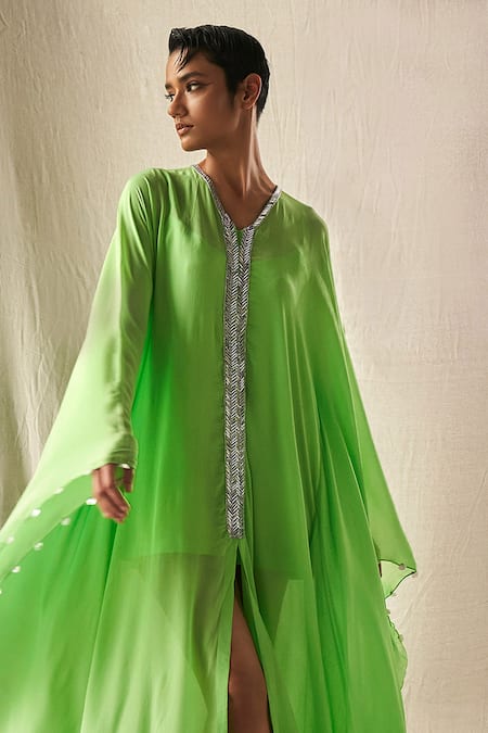 Kashmiraa_Green Cut Dana Embroidered Cape _Online_at_Aza_Fashions