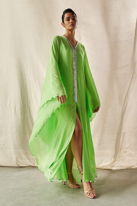 Buy_Kashmiraa_Green Cut Dana Embroidered Cape _Online_at_Aza_Fashions