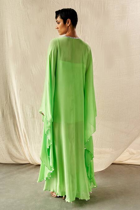 Shop_Kashmiraa_Green Cut Dana Embroidered Cape _at_Aza_Fashions