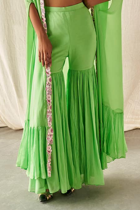 Kashmiraa_Green Chiffon Sequins, Crystals, Tassels Floral Embroidered Cape Sharara Set _Online_at_Aza_Fashions