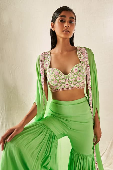 Buy_Kashmiraa_Green Chiffon Sequins, Crystals, Tassels Floral Embroidered Cape Sharara Set _Online_at_Aza_Fashions
