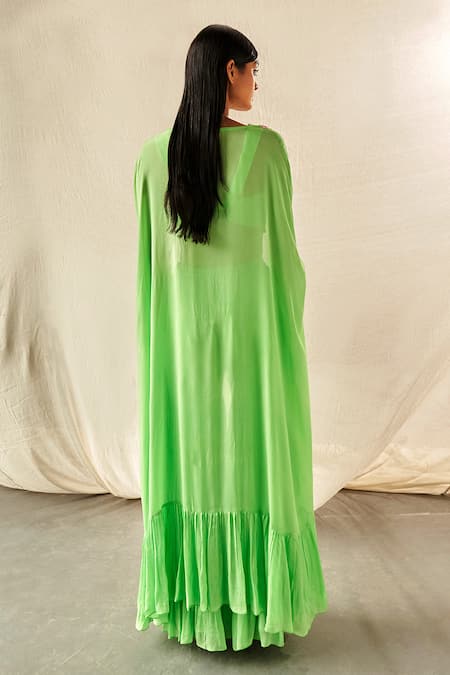 Shop_Kashmiraa_Green Chiffon Sequins, Crystals, Tassels Floral Embroidered Cape Sharara Set _at_Aza_Fashions