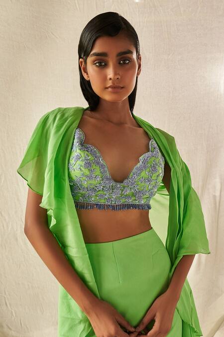 Kashmiraa Green Chiffon Tassels, Sequins, Cut Pre-draped Saree And Embroidered Blouse Set Online at Aza Fashions Kashmiraa_Green Chiffon Tassels, Sequins, Cut Pre-draped Saree And Embroidered Blouse Set _Online_at_Aza_Fashions