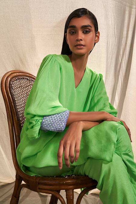 Shop_Kashmiraa_Green Chiffon Sequins V-neck Bishop Sleeve Kurta And Pant Set _Online_at_Aza_Fashions