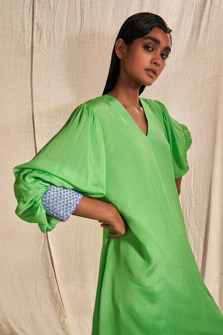 Kashmiraa_Green Chiffon Sequins V-neck Bishop Sleeve Kurta And Pant Set _at_Aza_Fashions
