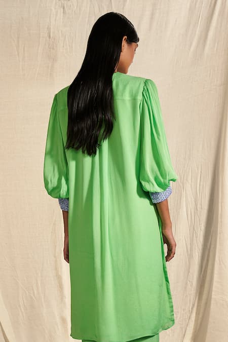 Shop_Kashmiraa_Green Chiffon Sequins V-neck Bishop Sleeve Kurta And Pant Set _at_Aza_Fashions
