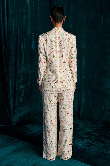 Shop Kashmiraa Ivory Organza Embroidery, Beads, Sequins Resham Jacket And Pant Set at Aza Fashions Shop_Kashmiraa_Ivory Organza Embroidery, Beads, Sequins Resham Jacket And Pant Set _at_Aza_Fashions